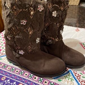 Joan Boyce Brown Sequin Fur Boots